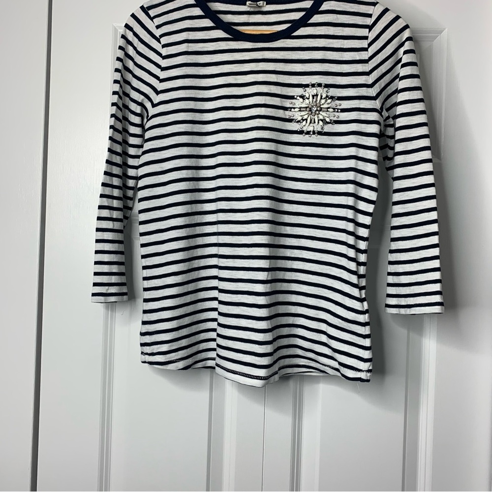 J. Crew Painter Navy White Striped 3/4 Sleeve Tee Jewelled Brooch Women’s Size S